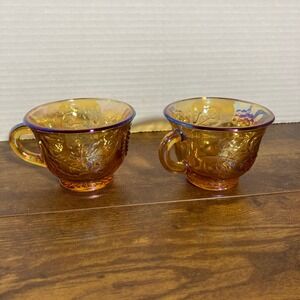 Indiana Glass Harvest Grape Marigold Carnival Glass Teacups Set of 2 Iridescent